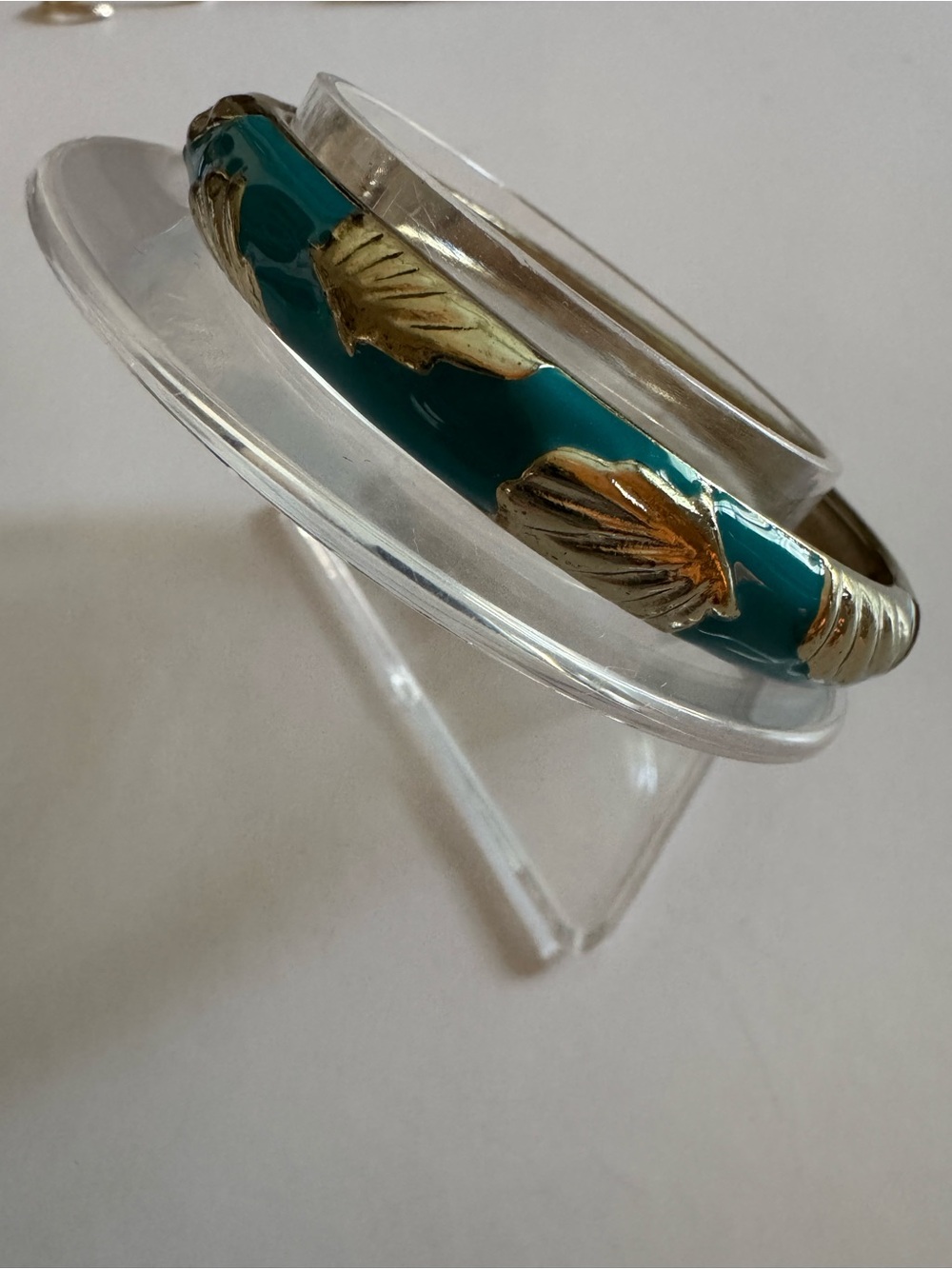 Teal Enamel Bangle with Gold Shell Motif Accents